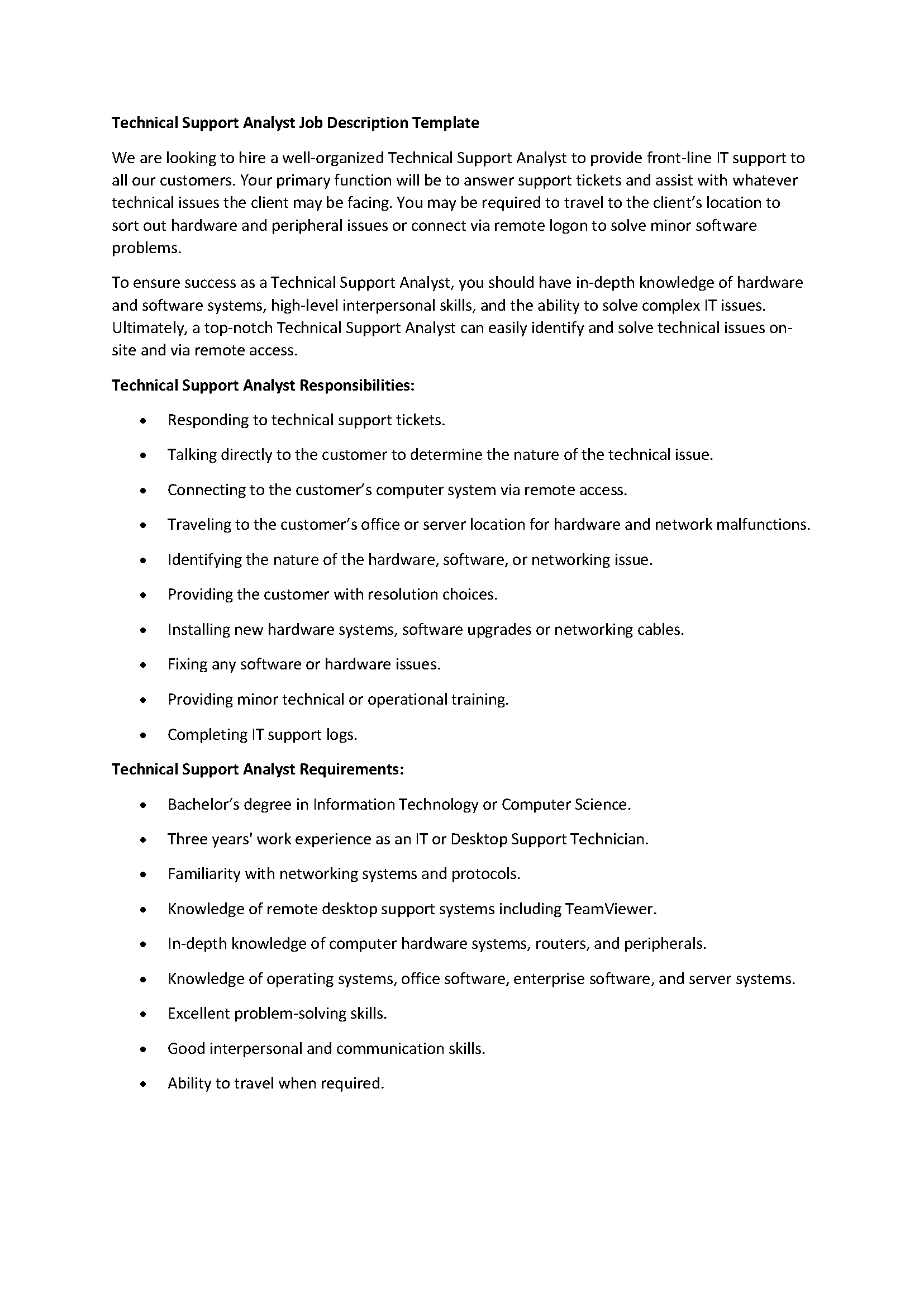 Technical Support Analyst Job Description Template